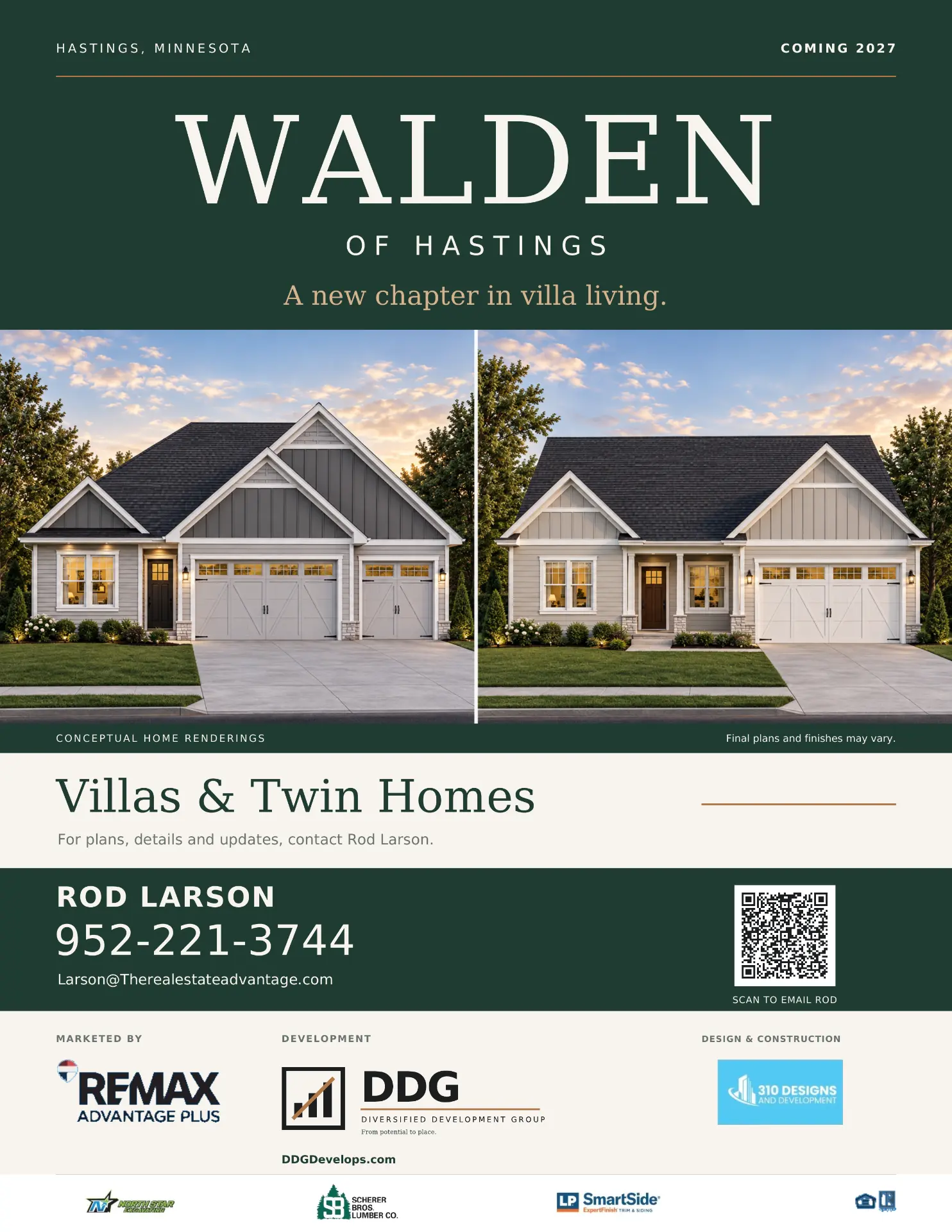 Walden of Hastings luxury flyer with villa and twin home renderings, partner logos and contact information