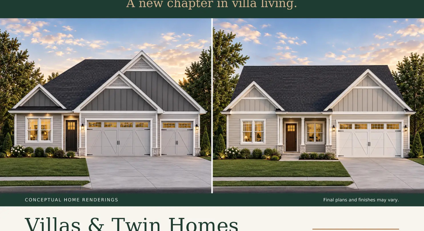 Conceptual renderings of villa and twin home exteriors at Walden of Hastings